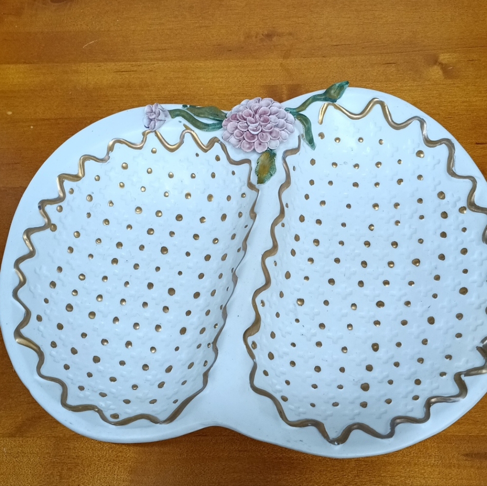Italian Porcelain Dish Gold Dots And Flower Handcrafted Made In Italy